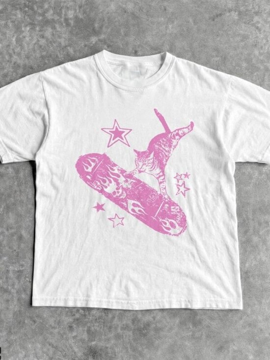 Tops - Cute Cat T-Shirt, Retro Graphic Cat Tee, Skateboard Cat Shirt